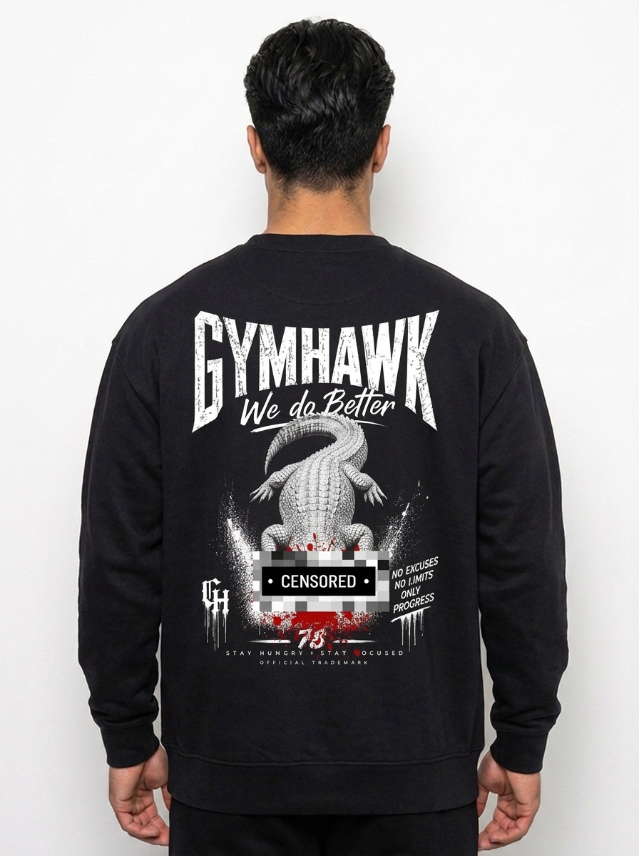 Men Premium Organic Sweatshirt | Gymhawk. Crocodile. Censored.
